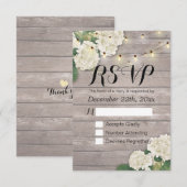 Hochzeit RSVP Rustic Wood Hydrangea String Lights Karte (Vorne/Hinten)