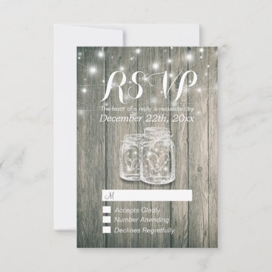 Hochzeit RSVP Rustic Wood & Mason Jar String Light Karte (Vorderseite)