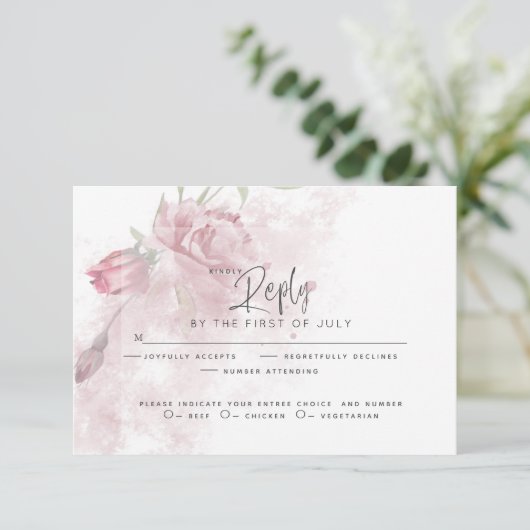 Hochzeit RSVP | Rustikale Wasserfarbe Rosa Rose Karte (Stehend Vorderseite)