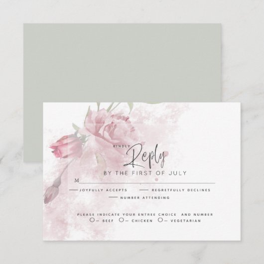 Hochzeit RSVP | Rustikale Wasserfarbe Rosa Rose Karte (Vorne/Hinten)