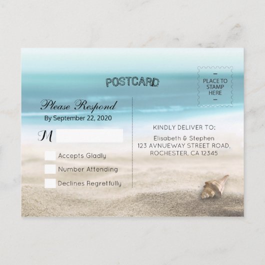 Hochzeit RSVP Sommer Sandy Beach Starfish Seashell Einladungspostkarte (Rückseite)