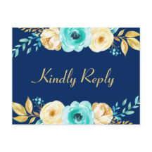 Hochzeit RSVP - Watercolor Navy Blue Gold Floral