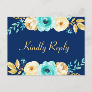 Hochzeit RSVP - Watercolor Navy Blue Gold Floral Einladungspostkarte