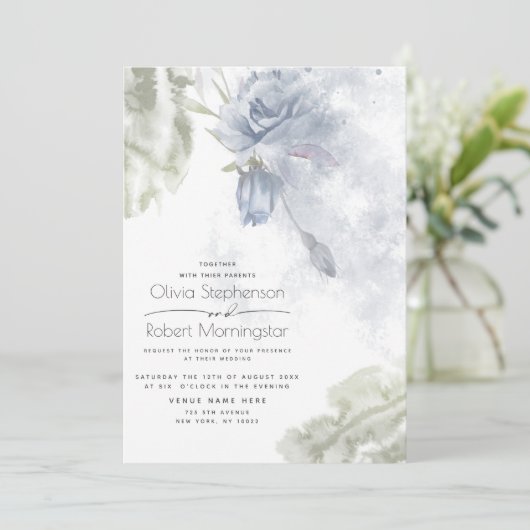 Hochzeit | Rustic Dusty Blue Rose Einladung (Stehend Vorderseite)