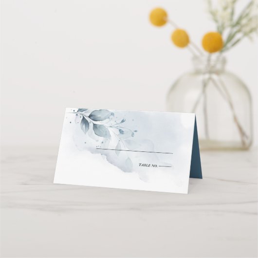 Hochzeit | Rustic Watercolor Dusty Blue Foliage Platzkarte (Vorderseite)