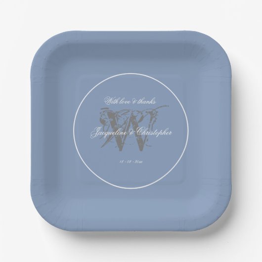 Hochzeit rustikal Dusty Blue Gray Elegant Monogram Pappteller (Vorderseite)
