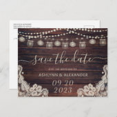 Hochzeit rustikal Holz Mason Jar Lights SAVE THE D Ankündigungspostkarte (Vorne/Hinten)