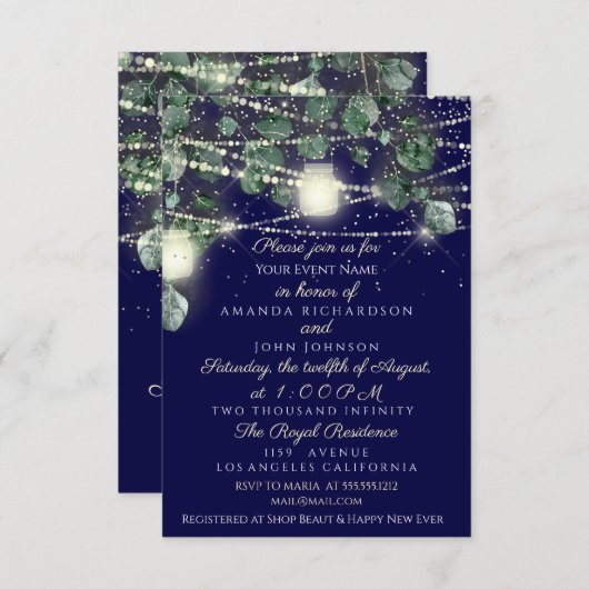 Hochzeit rustikale Holz Golden Hearts Lights Navy Einladung (Vorne/Hinten)