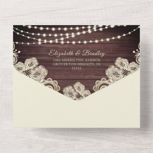 Hochzeit rustikale Holzsaitenleuchten Elfenbeinspi All In One Einladung (Rückseite)