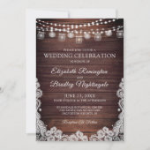 Hochzeit rustikales Holz Lights Mason Jars Lace Ei Einladung (Vorderseite)