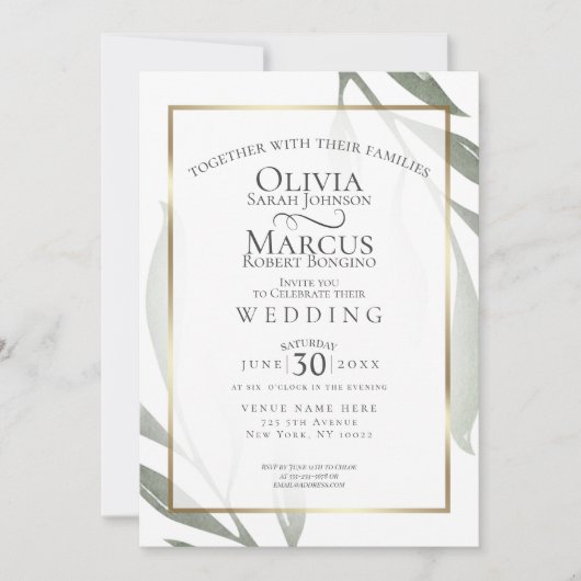 Hochzeit | Sage Green Olive Branch Wasserfarbe Lea Einladung (Vorderseite)