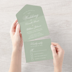 Hochzeit Salbei Grün Elegante Schreibschrift RSVP All In One Einladung