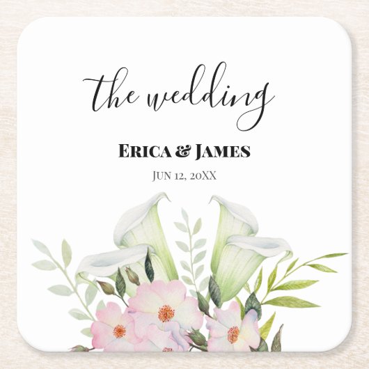 Hochzeit sanfte weiße Calla Lily Rose Wasserfarbe Rechteckiger Pappuntersetzer (Vorderseite)