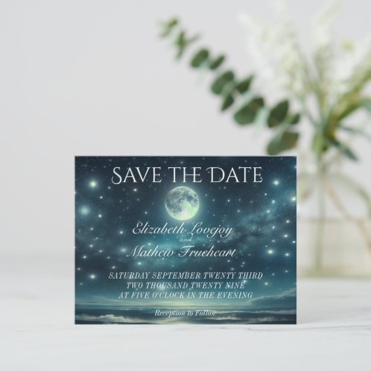 Hochzeit Save the Date | Blue Moon Starry Night Postkarte (Stehend Vorderseite)