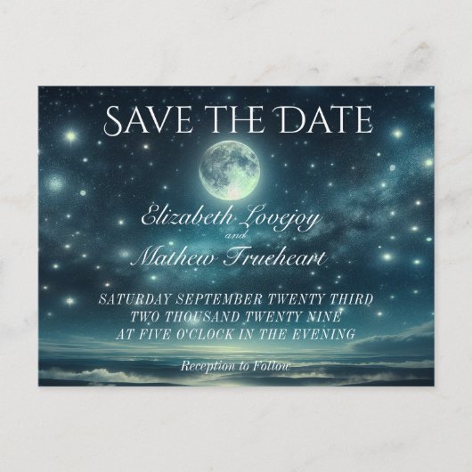Hochzeit Save the Date | Blue Moon Starry Night Postkarte (Vorderseite)