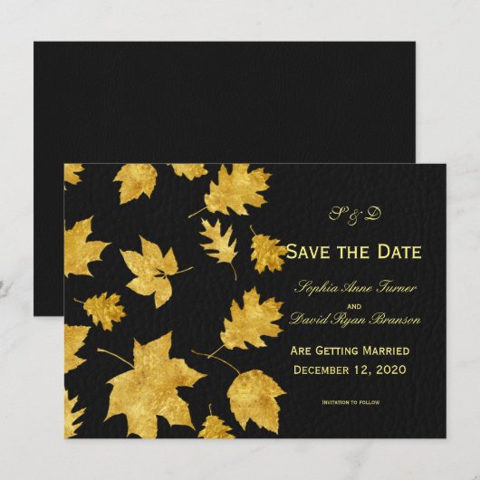Hochzeit Save the Date | Gold Fall Foliage Leder Einladung (Vorne/Hinten)