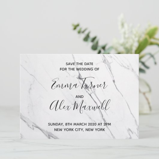 Hochzeit Save the Date | Modern White Marble Scrip (Stehend Vorderseite)