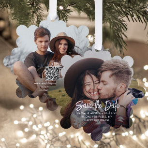 Hochzeit Save the Date QR Code & 2 Fotos Weihnacht Ornament Karte