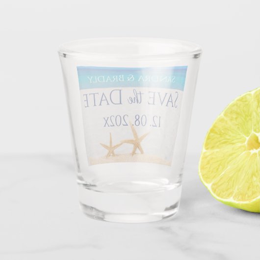Hochzeit Save the Date, Starfish am Strand des Oze Schnapsglas (Rückseite)
