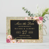Hochzeit Save the Date | Trendy Gold Glitzer Flora (Stehend Vorderseite)