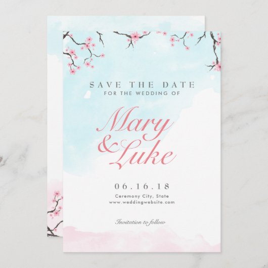 Hochzeit Save the Date | Wasserfarbenkirschblüten (Vorne/Hinten)