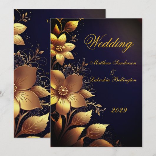 Hochzeit Schöne Gold Blumen Modern Einladung (Vorne/Hinten)