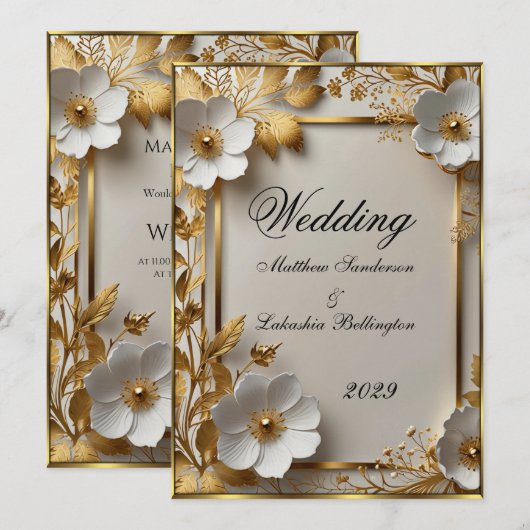 Hochzeit Schöne, goldfarbene Blume Moderne Einladung (Vorne/Hinten)