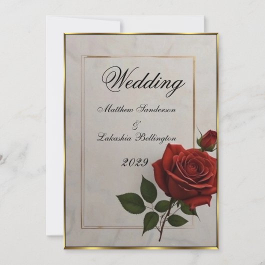 Hochzeit Schöne Rote Rose Blume Gold Einladung (Vorderseite)