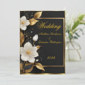 Hochzeit schöne weiße Blume Gold Blätter Einladung (Stehend Vorderseite)