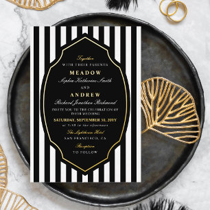 Hochzeit Schwarz Weiß & Gold mit Streifen Folieneinladung