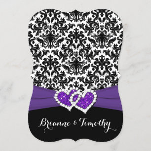 Hochzeit  Schwarz-weiß Lila  Damast  Herz Einladung