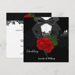 Hochzeit Schwarz Weiß Smoking Tiefrote Rose Einladung
