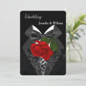 Hochzeit Schwarz-weiß Tuxedo Deep Rote Rose 2c Einladung (Stehend Vorderseite)