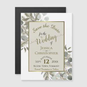 Hochzeit Sichern das Datum Golden Pine & Greenery  Magneteinladung