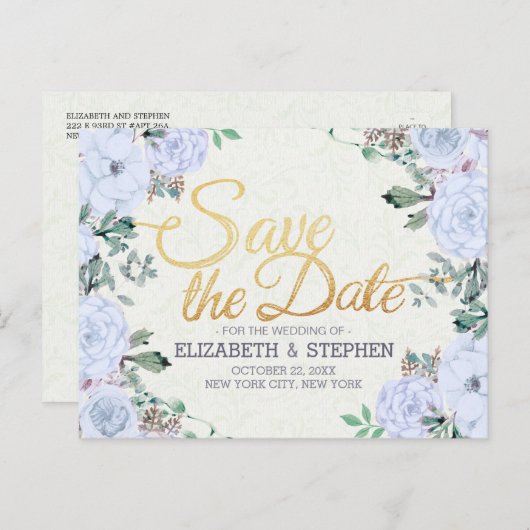 Hochzeit Sichern Sie das Datum Elegantes Blumengol Ankündigungspostkarte (Vorne/Hinten)