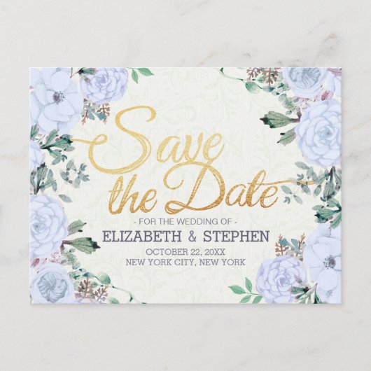 Hochzeit Sichern Sie das Datum Elegantes Blumengol Ankündigungspostkarte (Vorderseite)
