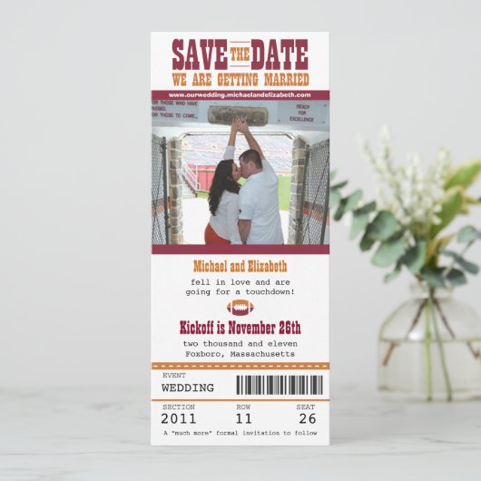 Hochzeit Sichern Sie das Datum Fußball-Ticket Save The Date (Stehend Vorderseite)