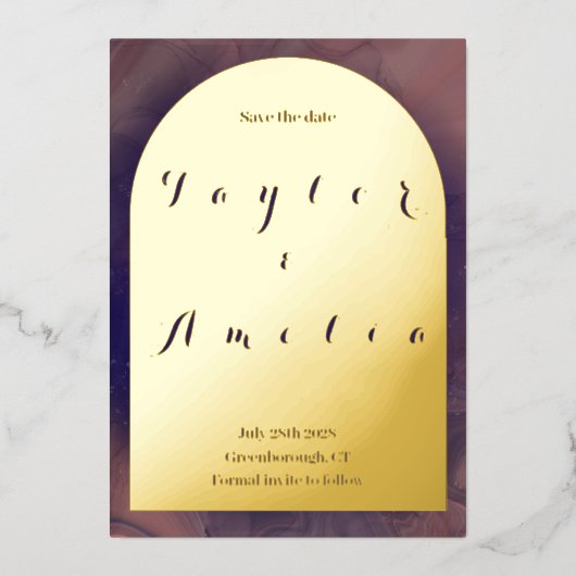 Hochzeit Sichern Sie das Datum Lila Boho Arch Real Folieneinladung (Vorderseite)