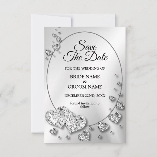 Hochzeit Silber Shiny Hearts Geometric Elegant Save The Date (Vorderseite)