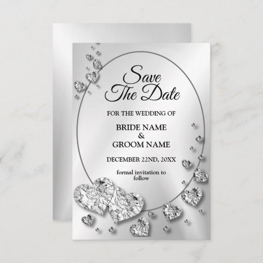 Hochzeit Silber Shiny Hearts Geometric Elegant Save The Date (Vorne/Hinten)