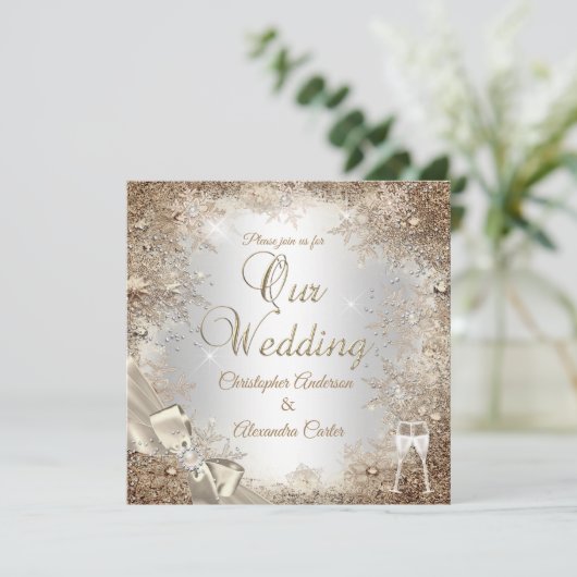 Hochzeit Silberbeige Creme Pearl Bow Schneeflocke Einladung (Stehend Vorderseite)