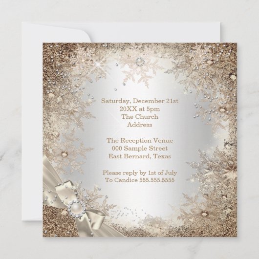 Hochzeit Silberbeige Creme Pearl Bow Schneeflocke  Einladung (Rückseite)
