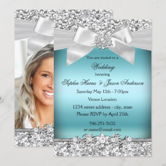 Hochzeit Silberblauer Glitzer Jewel Bow Einladung