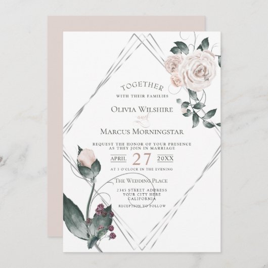 Hochzeit | Silver Frame Pale Watercolor Rose Einladung (Vorne/Hinten)