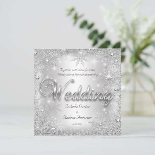 Hochzeit Silver Winter Wonderland Schneeflocken Einladung (Stehend Vorderseite)