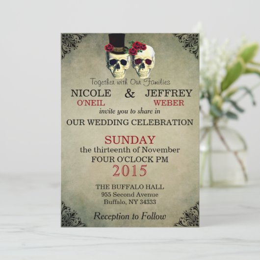 Hochzeit Skeleton Bride Groom Skulls Einladung (Stehend Vorderseite)