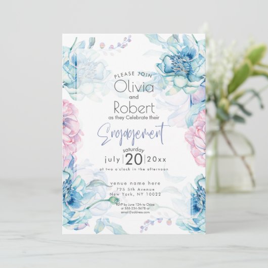 Hochzeit | Sky Blue und Bubblegum Pink Peonies Einladung (Stehend Vorderseite)