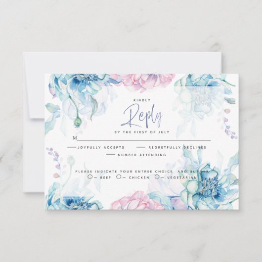 Hochzeit | Sky Blue und Bubblegum Pink Peonies RSVP Karte (Vorderseite)