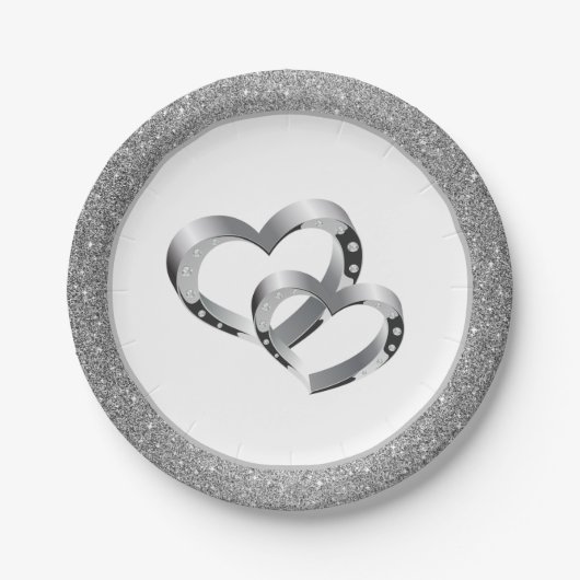 Hochzeit SLVR Glitzer 7" Papier-Teller - Zwei Herz Pappteller (Vorderseite)