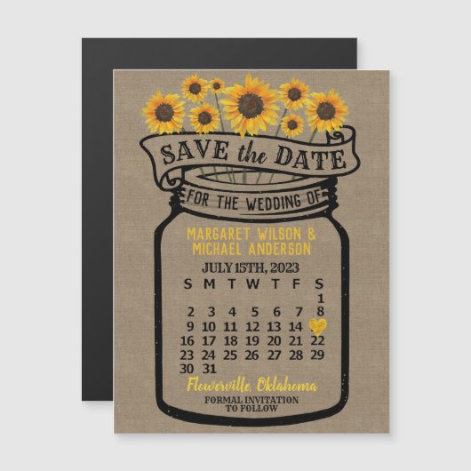 Hochzeit Sonnenblumen Mason Jar Juli 2023 Date Mag Magnetkarte (Vorne/Hinten)